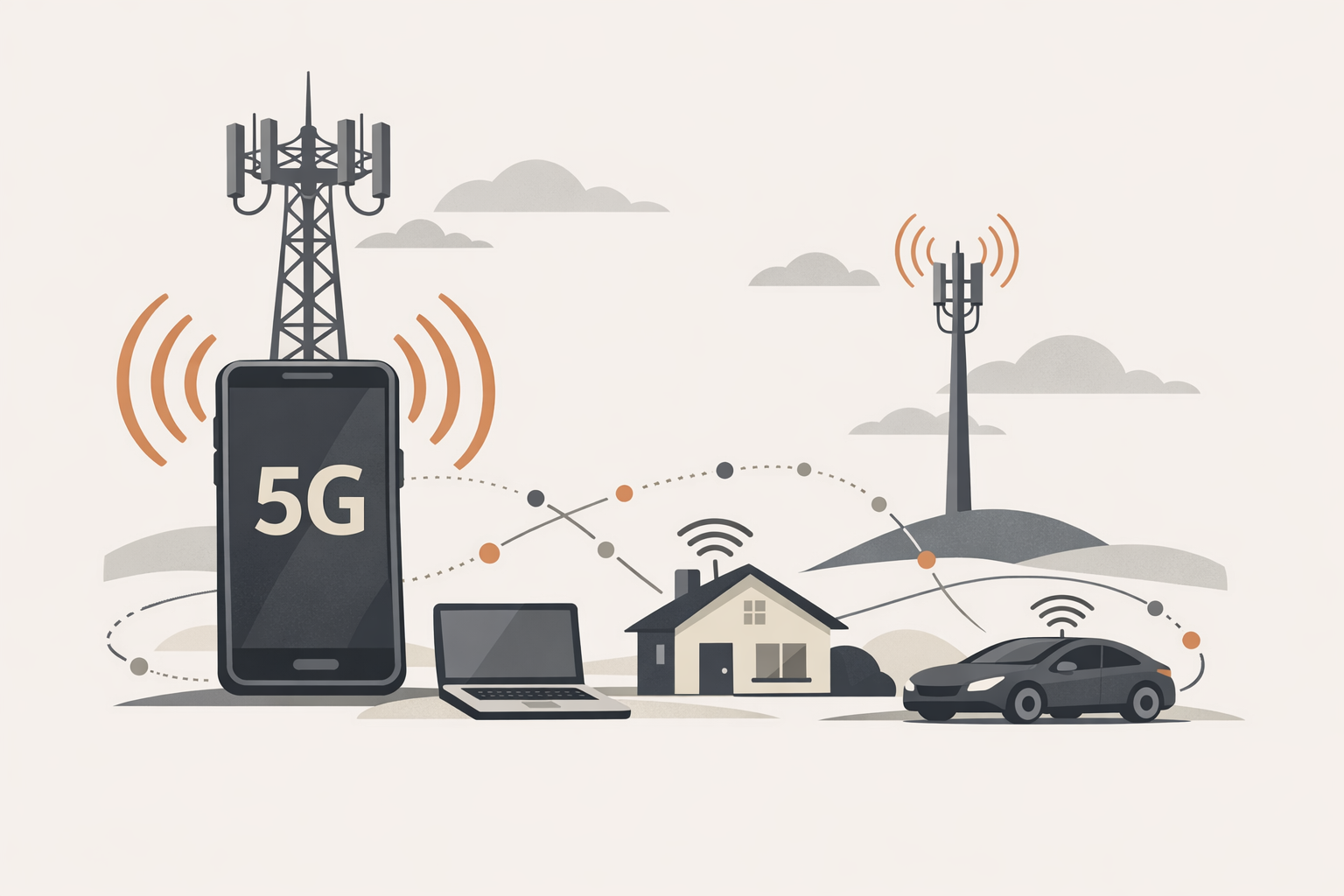 5G Network Technology Illustration showing connected devices and network infrastructure